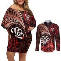 Personalised New Zealand Darts Couples Matching Off Shoulder Short Dress and Long Sleeve Button Shirt Maori Koru Dartboard Red Flame LT05 Red - Polynesian Pride
