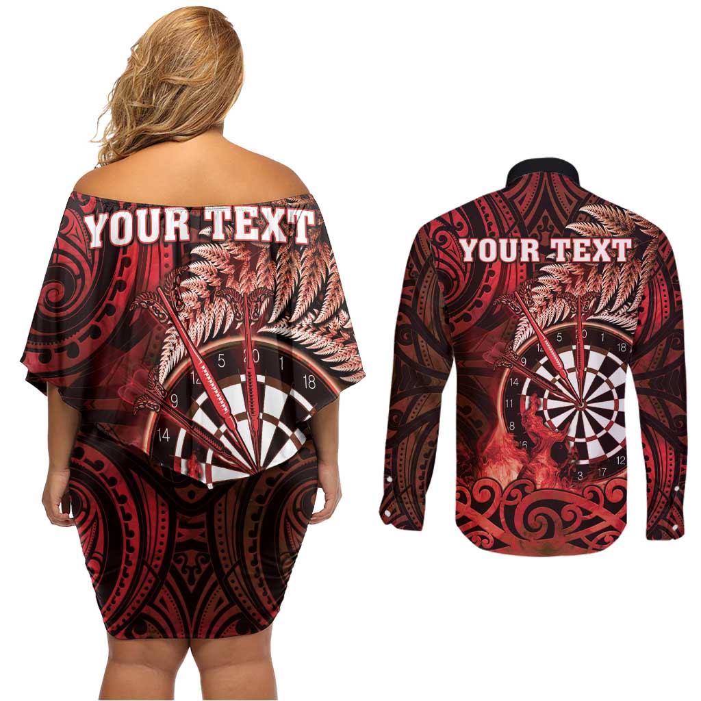 Personalised New Zealand Darts Couples Matching Off Shoulder Short Dress and Long Sleeve Button Shirt Maori Koru Dartboard Red Flame LT05 - Polynesian Pride