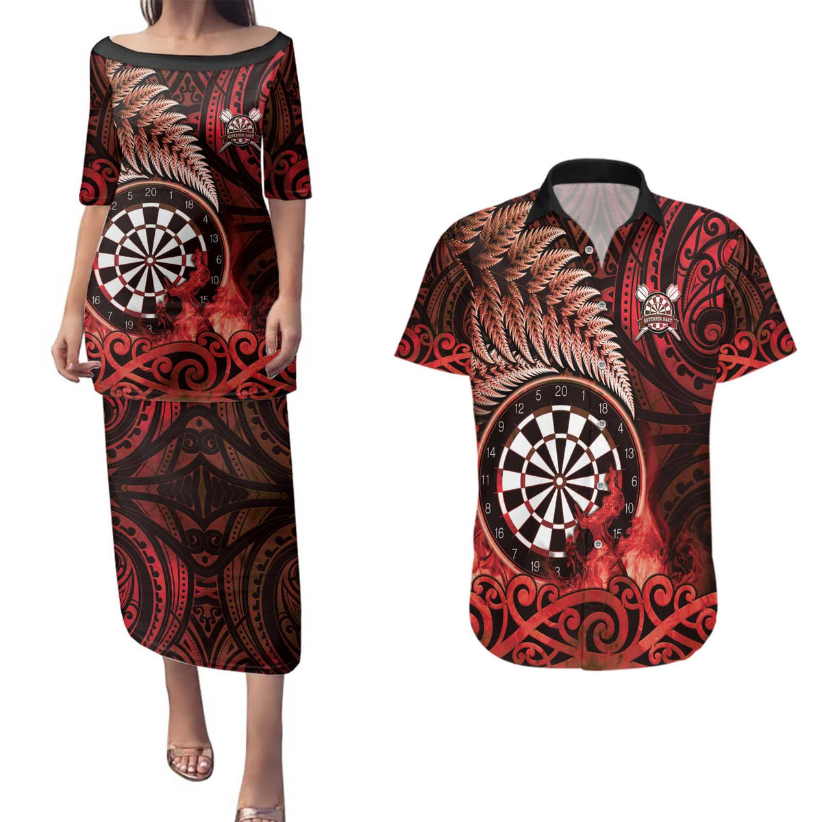 Personalised New Zealand Darts Couples Matching Puletasi and Hawaiian Shirt Maori Koru Dartboard Red Flame LT05 Red - Polynesian Pride