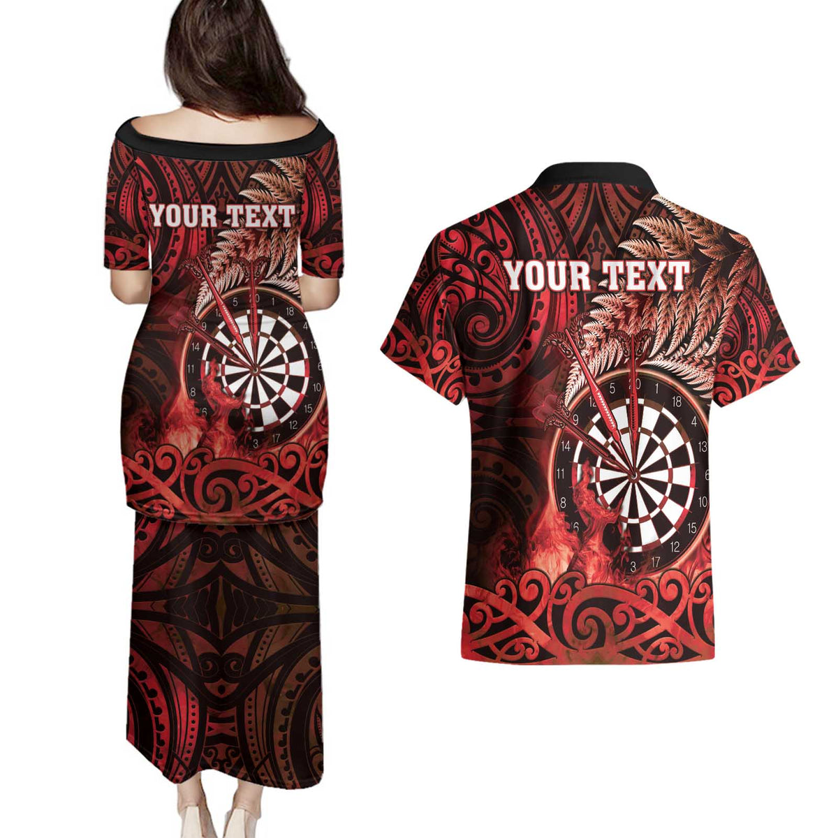 Personalised New Zealand Darts Couples Matching Puletasi and Hawaiian Shirt Maori Koru Dartboard Red Flame LT05 - Polynesian Pride