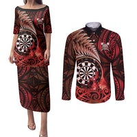 Personalised New Zealand Darts Couples Matching Puletasi and Long Sleeve Button Shirt Maori Koru Dartboard Red Flame LT05 Red - Polynesian Pride