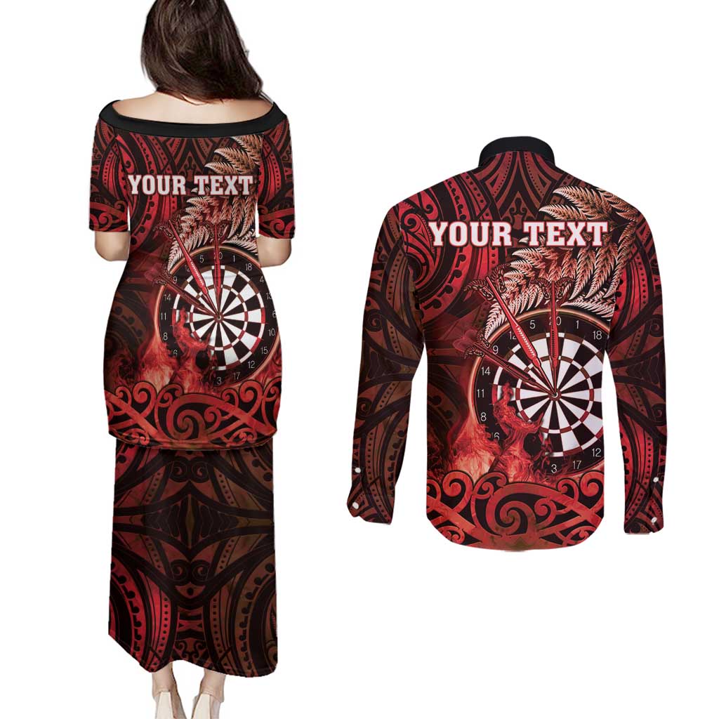 Personalised New Zealand Darts Couples Matching Puletasi and Long Sleeve Button Shirt Maori Koru Dartboard Red Flame LT05 - Polynesian Pride