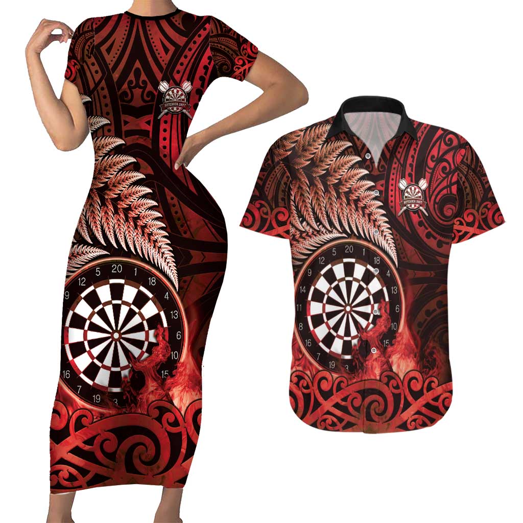 Personalised New Zealand Darts Couples Matching Short Sleeve Bodycon Dress and Hawaiian Shirt Maori Koru Dartboard Red Flame LT05 Red - Polynesian Pride
