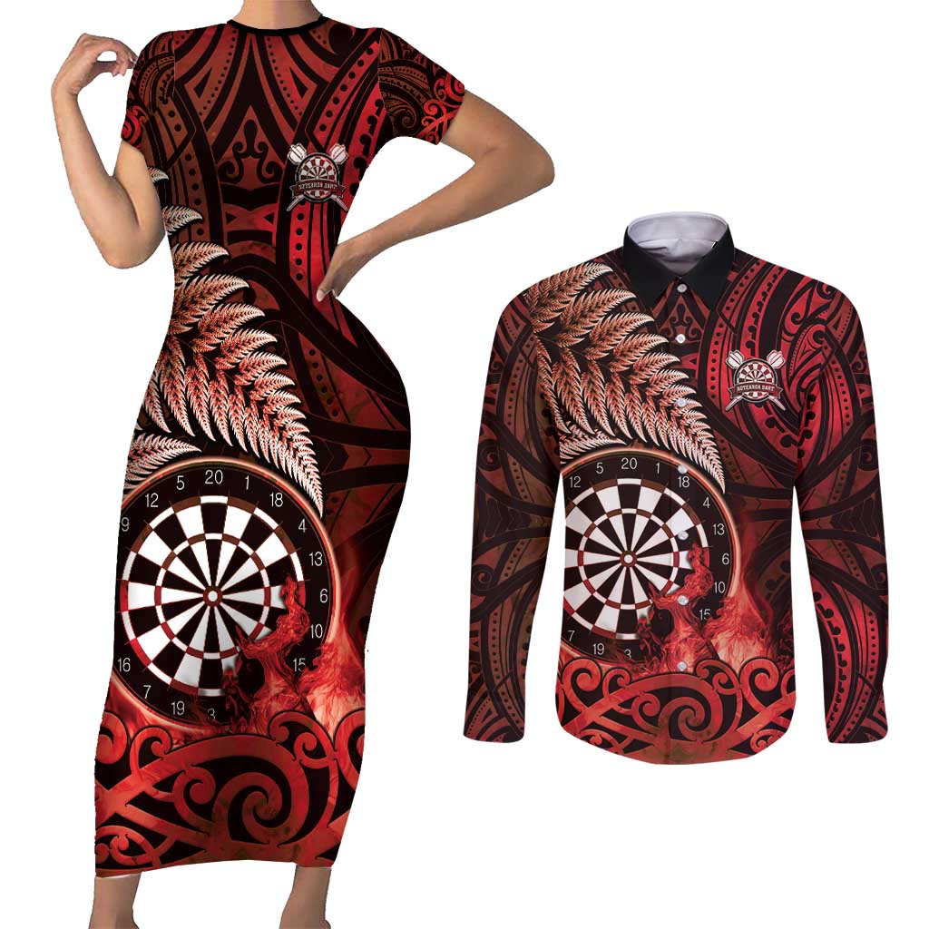 Personalised New Zealand Darts Couples Matching Short Sleeve Bodycon Dress and Long Sleeve Button Shirt Maori Koru Dartboard Red Flame LT05 Red - Polynesian Pride