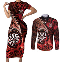Personalised New Zealand Darts Couples Matching Short Sleeve Bodycon Dress and Long Sleeve Button Shirt Maori Koru Dartboard Red Flame LT05 Red - Polynesian Pride