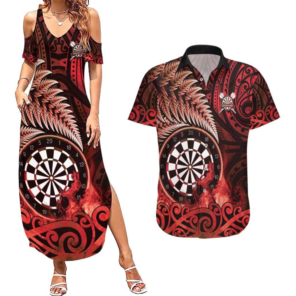 Personalised New Zealand Darts Couples Matching Summer Maxi Dress and Hawaiian Shirt Maori Koru Dartboard Red Flame LT05 Red - Polynesian Pride