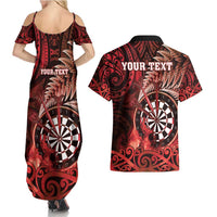 Personalised New Zealand Darts Couples Matching Summer Maxi Dress and Hawaiian Shirt Maori Koru Dartboard Red Flame LT05 - Polynesian Pride