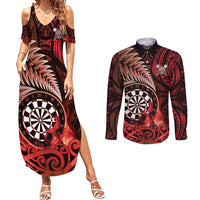 Personalised New Zealand Darts Couples Matching Summer Maxi Dress and Long Sleeve Button Shirt Maori Koru Dartboard Red Flame LT05 Red - Polynesian Pride