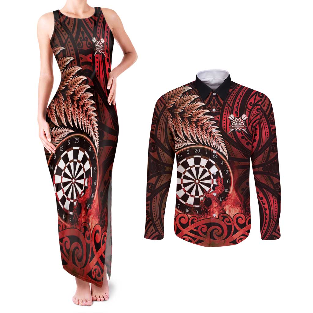 Personalised New Zealand Darts Couples Matching Tank Maxi Dress and Long Sleeve Button Shirt Maori Koru Dartboard Red Flame LT05 Red - Polynesian Pride