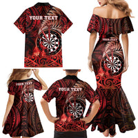 Personalised New Zealand Darts Family Matching Mermaid Dress and Hawaiian Shirt Maori Koru Dartboard Red Flame LT05 - Polynesian Pride