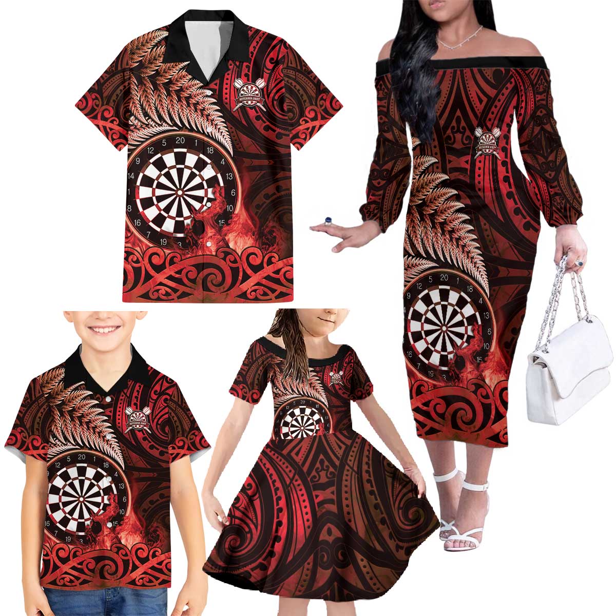 Personalised New Zealand Darts Family Matching Off The Shoulder Long Sleeve Dress and Hawaiian Shirt Maori Koru Dartboard Red Flame LT05 - Polynesian Pride