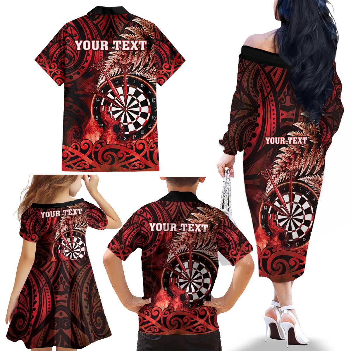 Personalised New Zealand Darts Family Matching Off The Shoulder Long Sleeve Dress and Hawaiian Shirt Maori Koru Dartboard Red Flame LT05 - Polynesian Pride