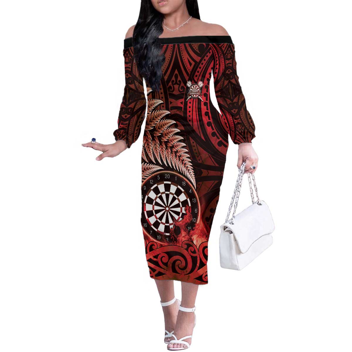 Personalised New Zealand Darts Family Matching Off The Shoulder Long Sleeve Dress and Hawaiian Shirt Maori Koru Dartboard Red Flame LT05 Mom's Dress Red - Polynesian Pride