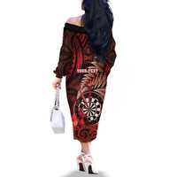 Personalised New Zealand Darts Family Matching Off The Shoulder Long Sleeve Dress and Hawaiian Shirt Maori Koru Dartboard Red Flame LT05 - Polynesian Pride