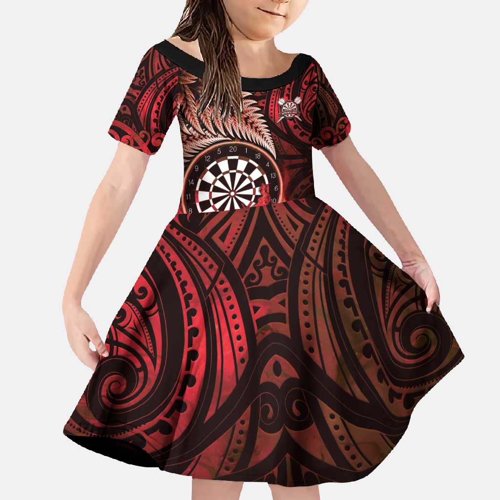 Personalised New Zealand Darts Family Matching Off Shoulder Maxi Dress and Hawaiian Shirt Maori Koru Dartboard Red Flame LT05 Daughter's Dress Red - Polynesian Pride