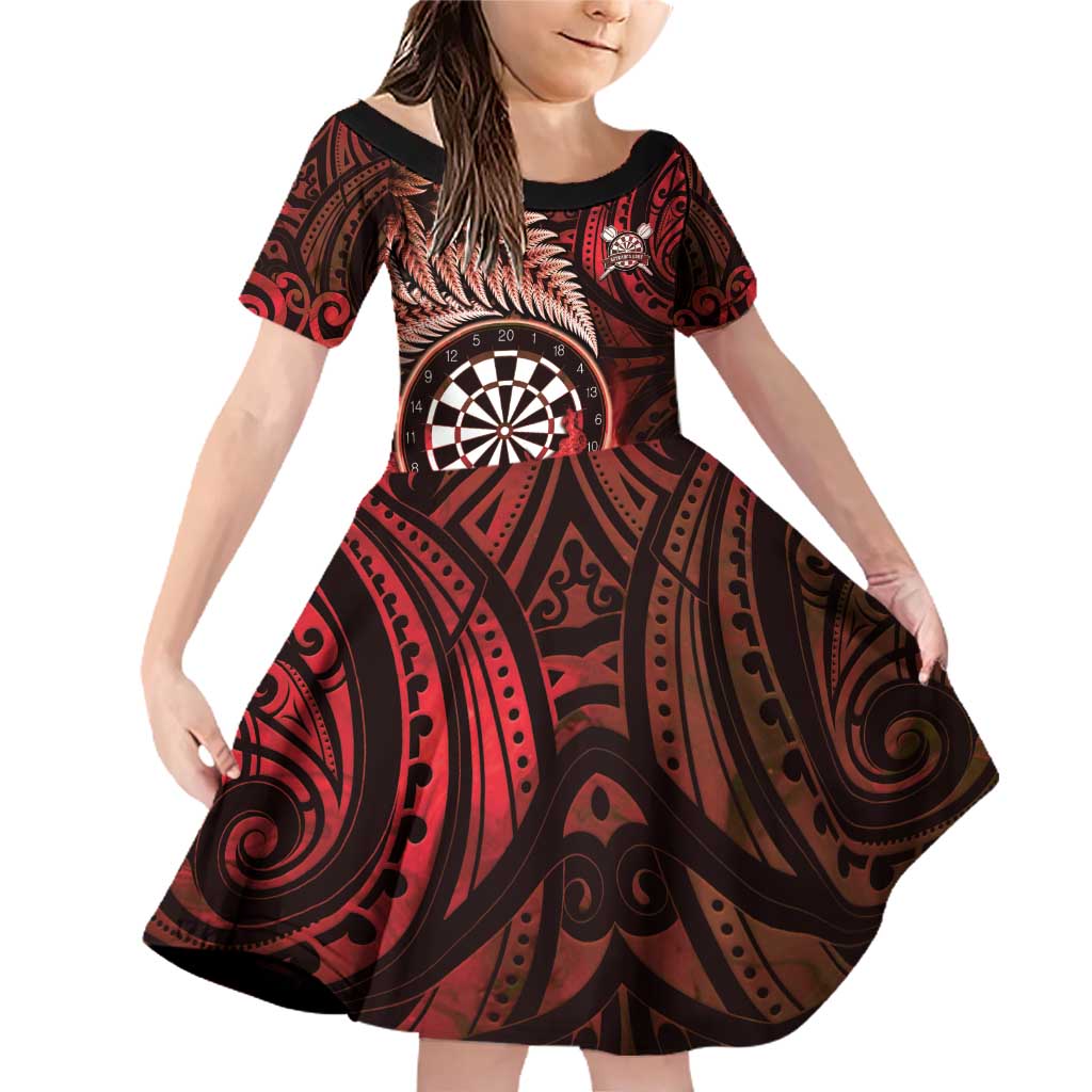 Personalised New Zealand Darts Family Matching Off Shoulder Short Dress and Hawaiian Shirt Maori Koru Dartboard Red Flame LT05 Daughter's Dress Red - Polynesian Pride