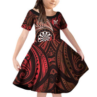 Personalised New Zealand Darts Family Matching Off Shoulder Short Dress and Hawaiian Shirt Maori Koru Dartboard Red Flame LT05 Daughter's Dress Red - Polynesian Pride