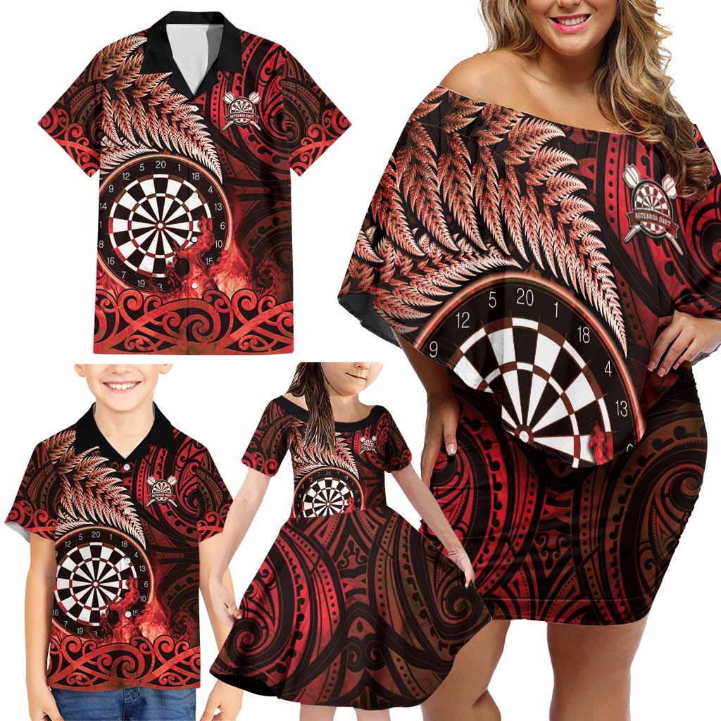 Personalised New Zealand Darts Family Matching Off Shoulder Short Dress and Hawaiian Shirt Maori Koru Dartboard Red Flame LT05 - Polynesian Pride