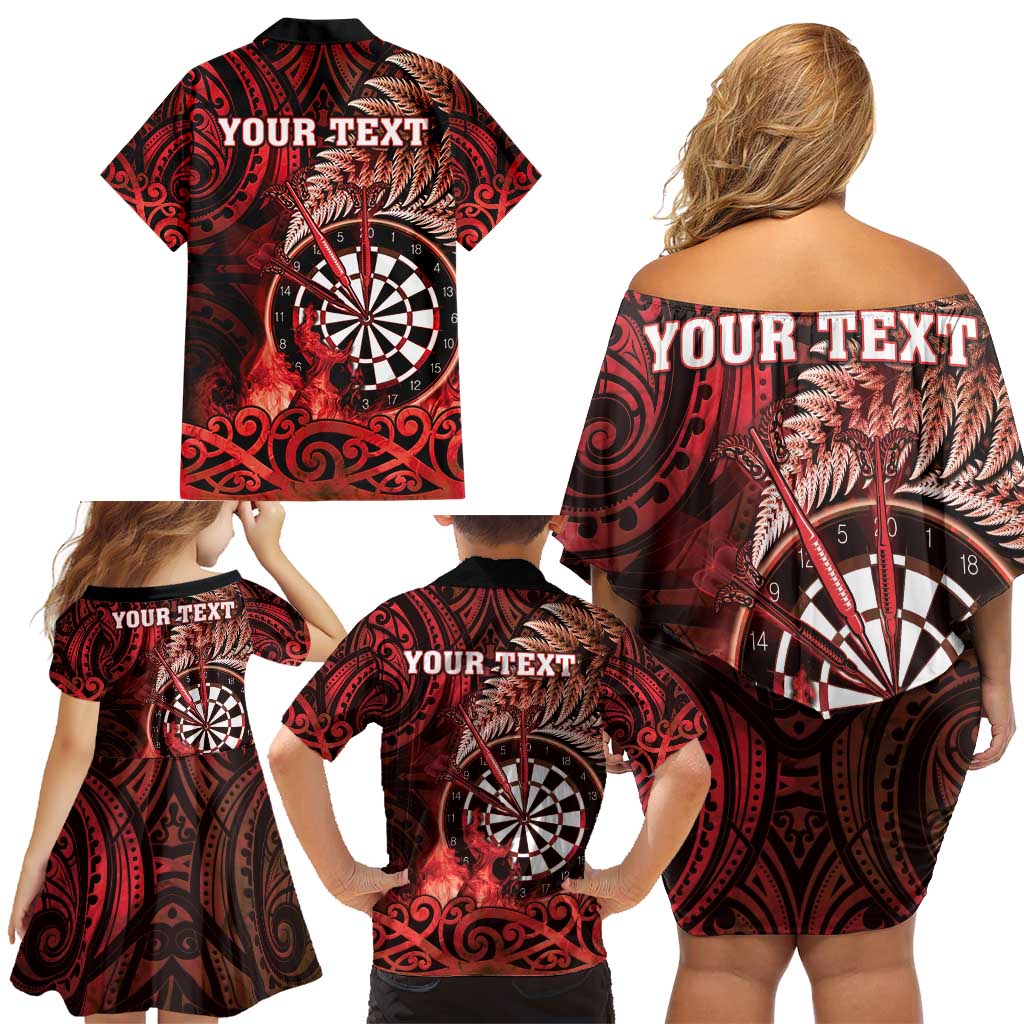 Personalised New Zealand Darts Family Matching Off Shoulder Short Dress and Hawaiian Shirt Maori Koru Dartboard Red Flame LT05 - Polynesian Pride