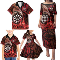 Personalised New Zealand Darts Family Matching Puletasi and Hawaiian Shirt Maori Koru Dartboard Red Flame LT05 - Polynesian Pride