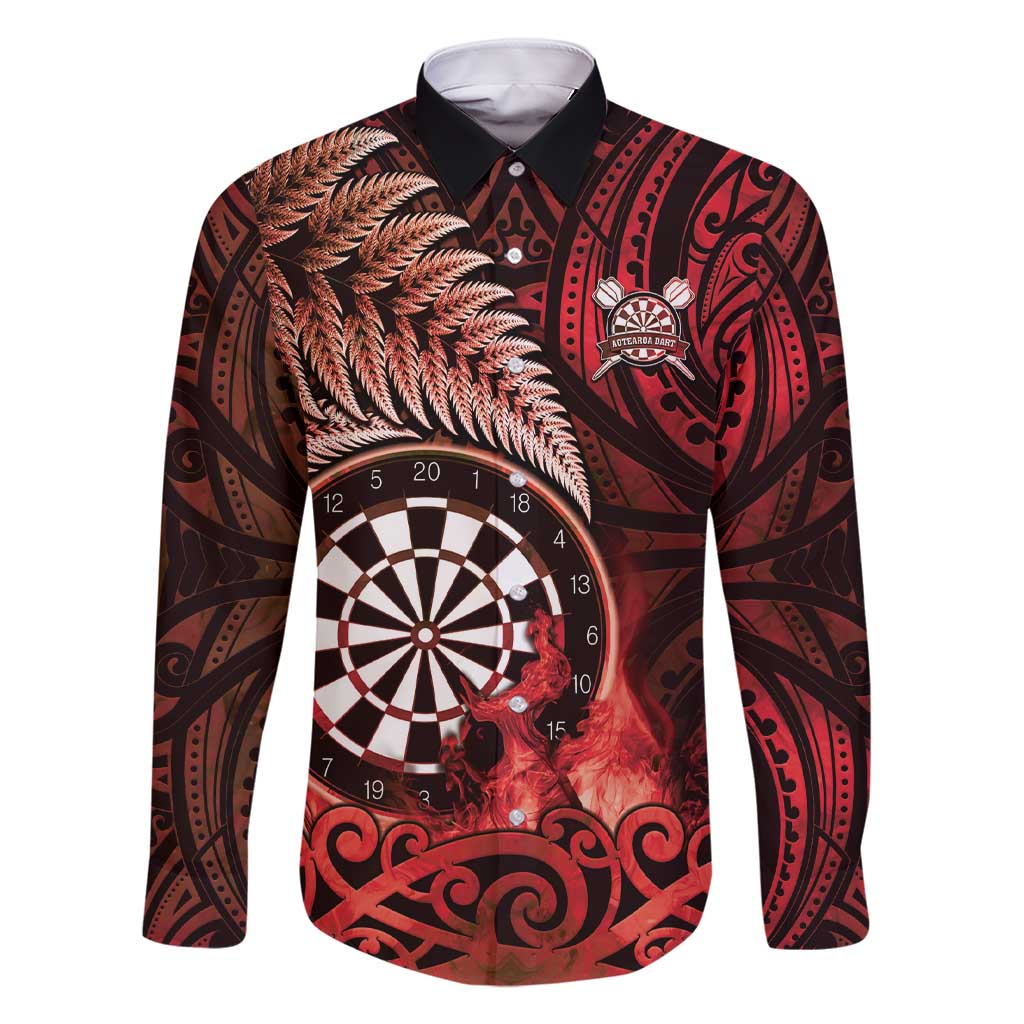 Personalised New Zealand Darts Family Matching Short Sleeve Bodycon Dress and Hawaiian Shirt Maori Koru Dartboard Red Flame LT05 Dad's Shirt - Long Sleeve Red - Polynesian Pride