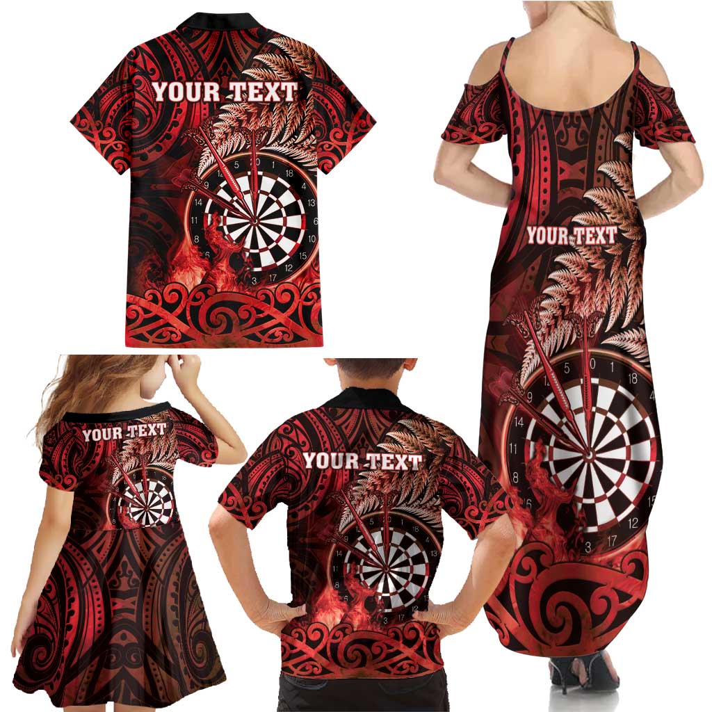 Personalised New Zealand Darts Family Matching Summer Maxi Dress and Hawaiian Shirt Maori Koru Dartboard Red Flame LT05 - Polynesian Pride