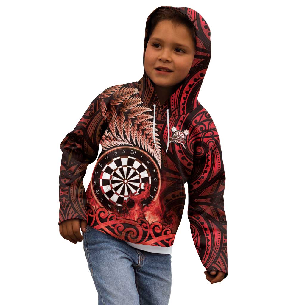 Personalised New Zealand Darts Kid Hoodie Maori Koru Dartboard Red Flame