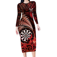 Personalised New Zealand Darts Long Sleeve Bodycon Dress Maori Koru Dartboard Red Flame LT05 Long Dress Red - Polynesian Pride