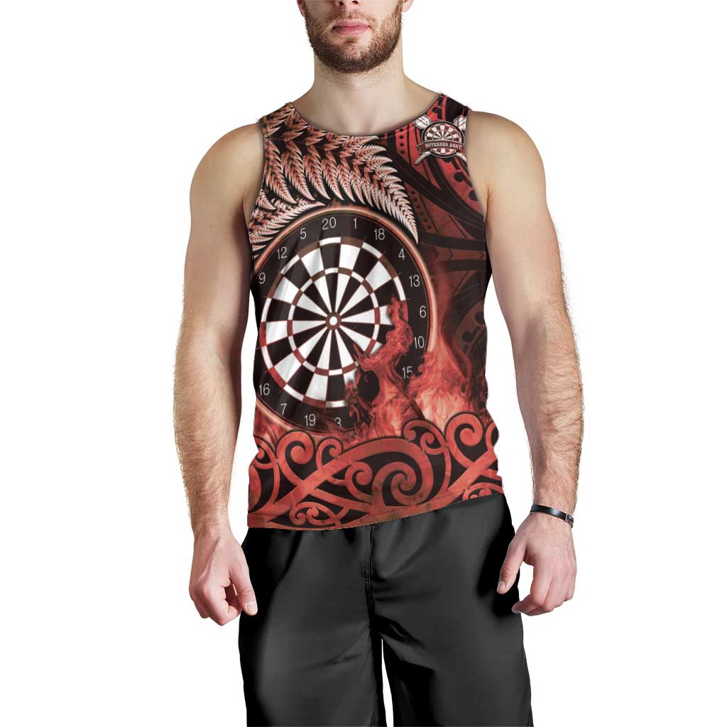 Personalised New Zealand Darts Men Tank Top Maori Koru Dartboard Red Flame LT05 - Polynesian Pride