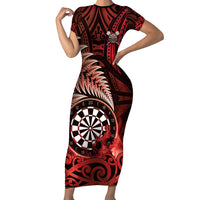 Personalised New Zealand Darts Short Sleeve Bodycon Dress Maori Koru Dartboard Red Flame LT05 Long Dress Red - Polynesian Pride
