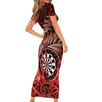 Personalised New Zealand Darts Short Sleeve Bodycon Dress Maori Koru Dartboard Red Flame LT05 - Polynesian Pride