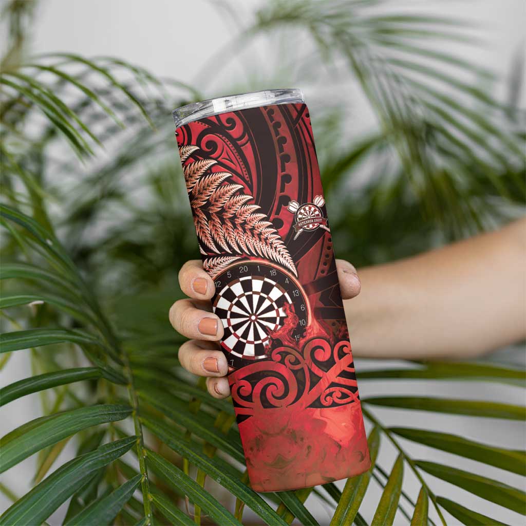 Personalised New Zealand Darts Skinny Tumbler Maori Koru Dartboard Red Flame LT05 - Polynesian Pride
