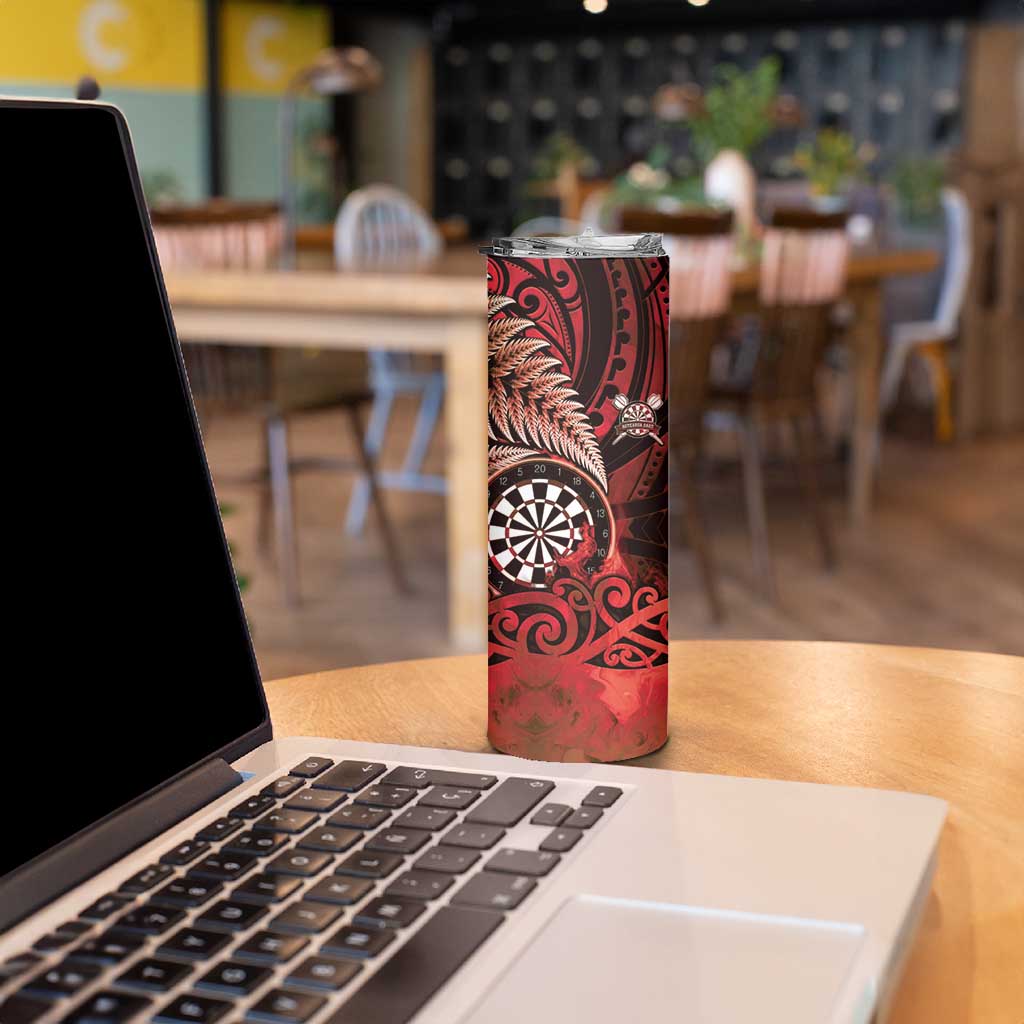 Personalised New Zealand Darts Skinny Tumbler Maori Koru Dartboard Red Flame LT05 - Polynesian Pride