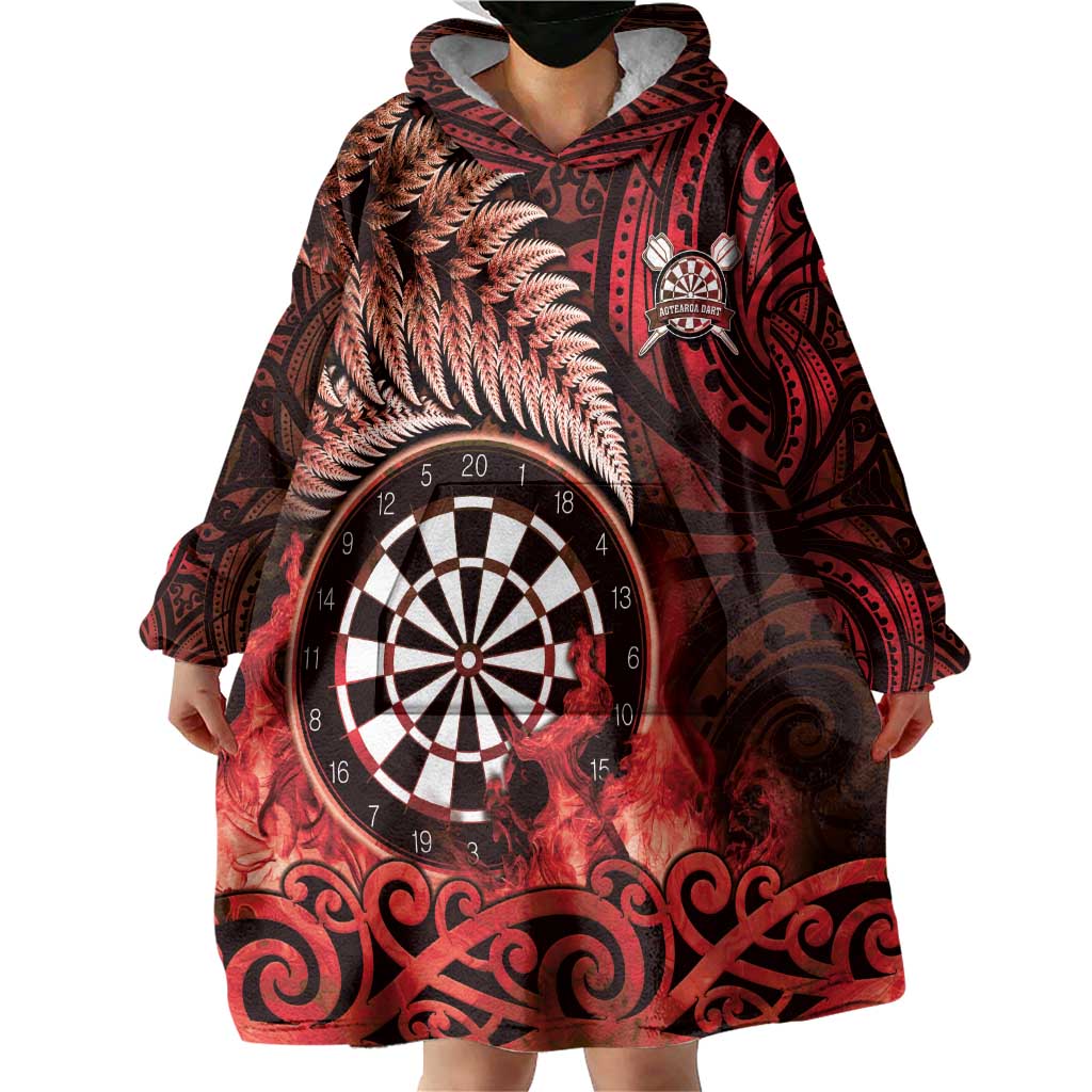 Personalised New Zealand Darts Wearable Blanket Hoodie Maori Koru Dartboard Red Flame LT05 - Polynesian Pride