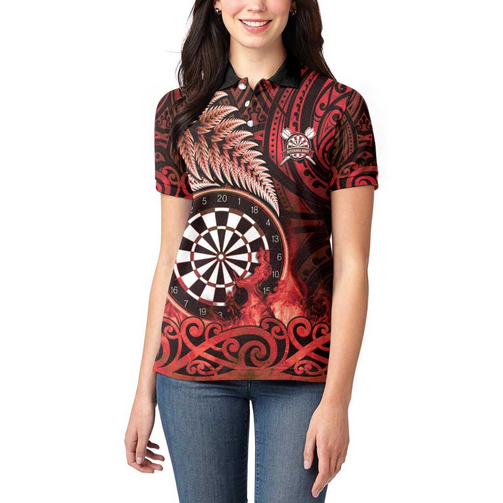 Personalised New Zealand Darts Women Polo Shirt Maori Koru Dartboard Red Flame LT05 - Polynesian Pride