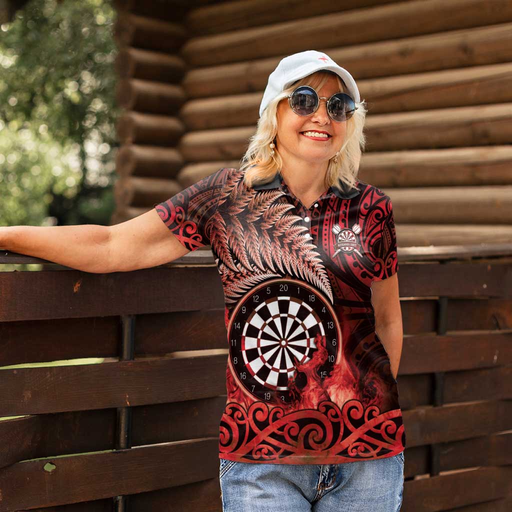 Personalised New Zealand Darts Women Polo Shirt Maori Koru Dartboard Red Flame LT05 - Polynesian Pride