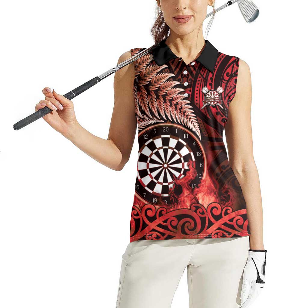 Personalised New Zealand Darts Women Sleeveless Polo Shirt Maori Koru Dartboard Red Flame LT05 - Polynesian Pride