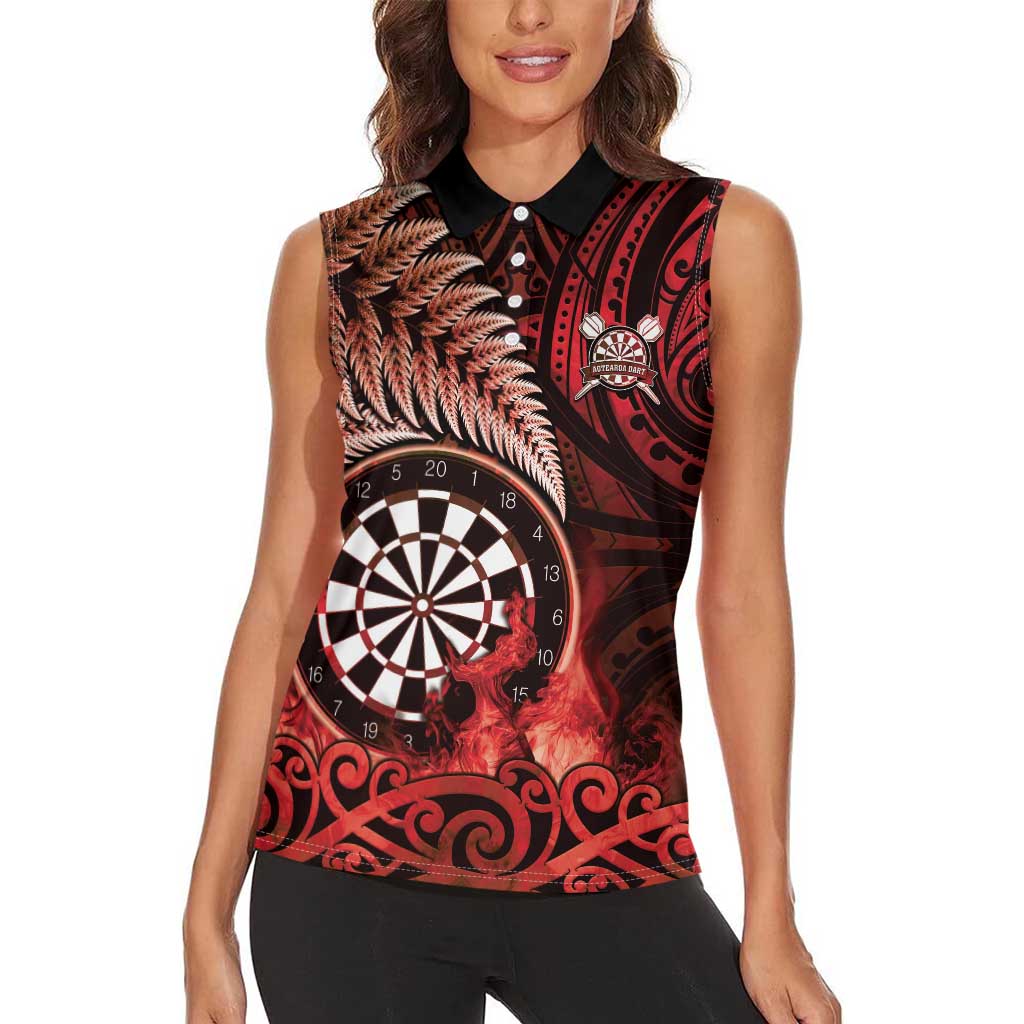 Personalised New Zealand Darts Women Sleeveless Polo Shirt Maori Koru Dartboard Red Flame LT05 - Polynesian Pride