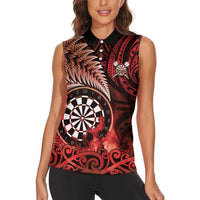 Personalised New Zealand Darts Women Sleeveless Polo Shirt Maori Koru Dartboard Red Flame LT05 - Polynesian Pride
