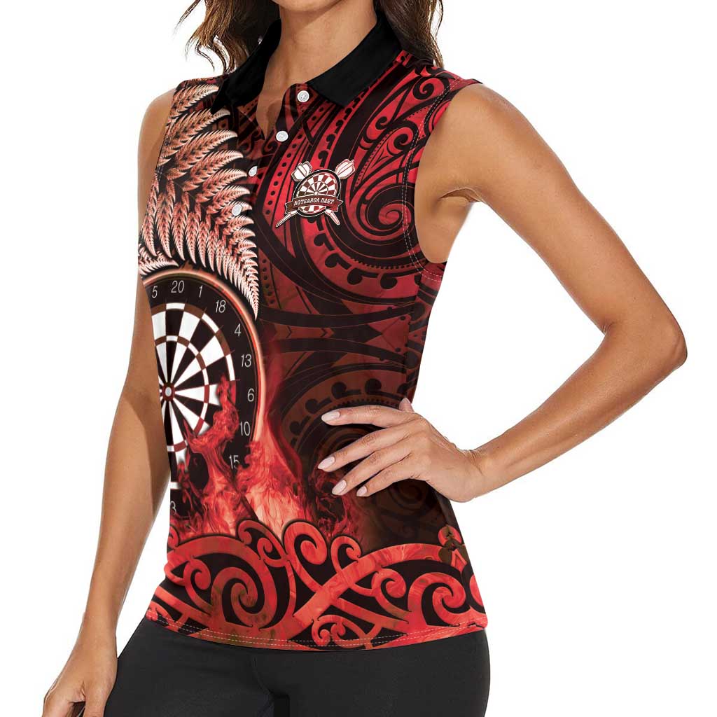 Personalised New Zealand Darts Women Sleeveless Polo Shirt Maori Koru Dartboard Red Flame LT05 - Polynesian Pride