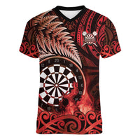 Personalised New Zealand Darts Women V-Neck T-Shirt Maori Koru Dartboard Red Flame LT05 Female Red - Polynesian Pride