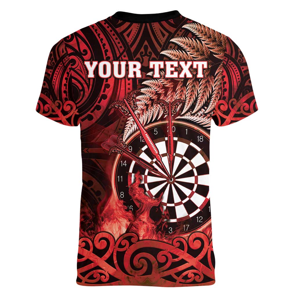 Personalised New Zealand Darts Women V-Neck T-Shirt Maori Koru Dartboard Red Flame LT05 - Polynesian Pride