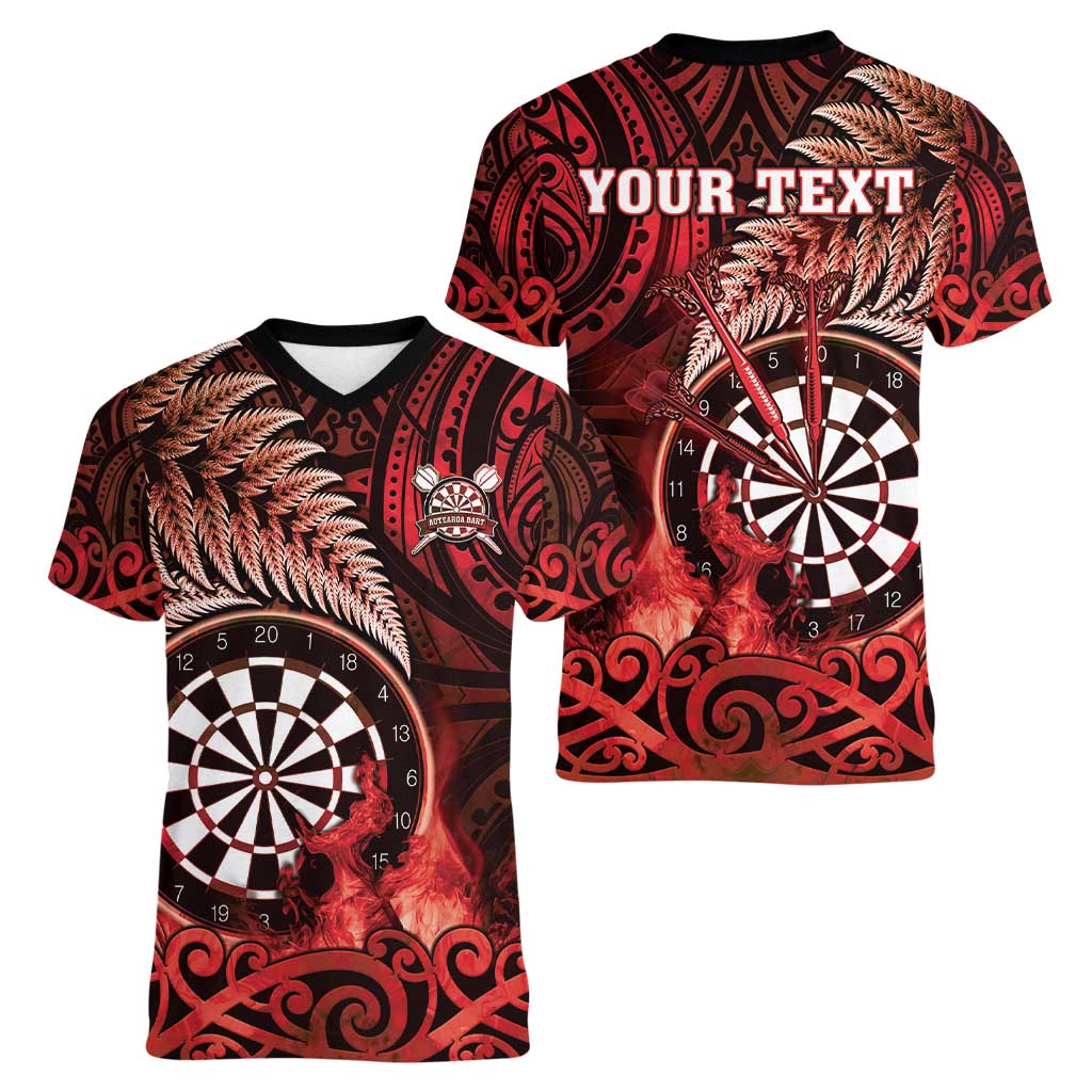 Personalised New Zealand Darts Women V-Neck T-Shirt Maori Koru Dartboard Red Flame LT05 - Polynesian Pride