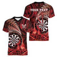 Personalised New Zealand Darts Women V-Neck T-Shirt Maori Koru Dartboard Red Flame LT05 - Polynesian Pride