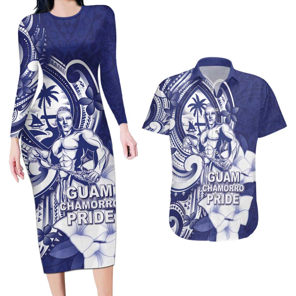 Guam Chief Quipuha Couples Matching Long Sleeve Bodycon Dress and Hawaiian Shirt Polynesian Pattern With Guasali Flowers LT05 Navy - Polynesian Pride