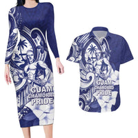 Guam Chief Quipuha Couples Matching Long Sleeve Bodycon Dress and Hawaiian Shirt Polynesian Pattern With Guasali Flowers LT05 Navy - Polynesian Pride