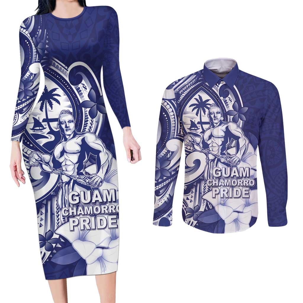 Guam Chief Quipuha Couples Matching Long Sleeve Bodycon Dress and Long Sleeve Button Shirt Polynesian Pattern With Guasali Flowers LT05 Navy - Polynesian Pride