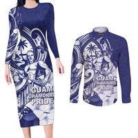 Guam Chief Quipuha Couples Matching Long Sleeve Bodycon Dress and Long Sleeve Button Shirt Polynesian Pattern With Guasali Flowers LT05 Navy - Polynesian Pride