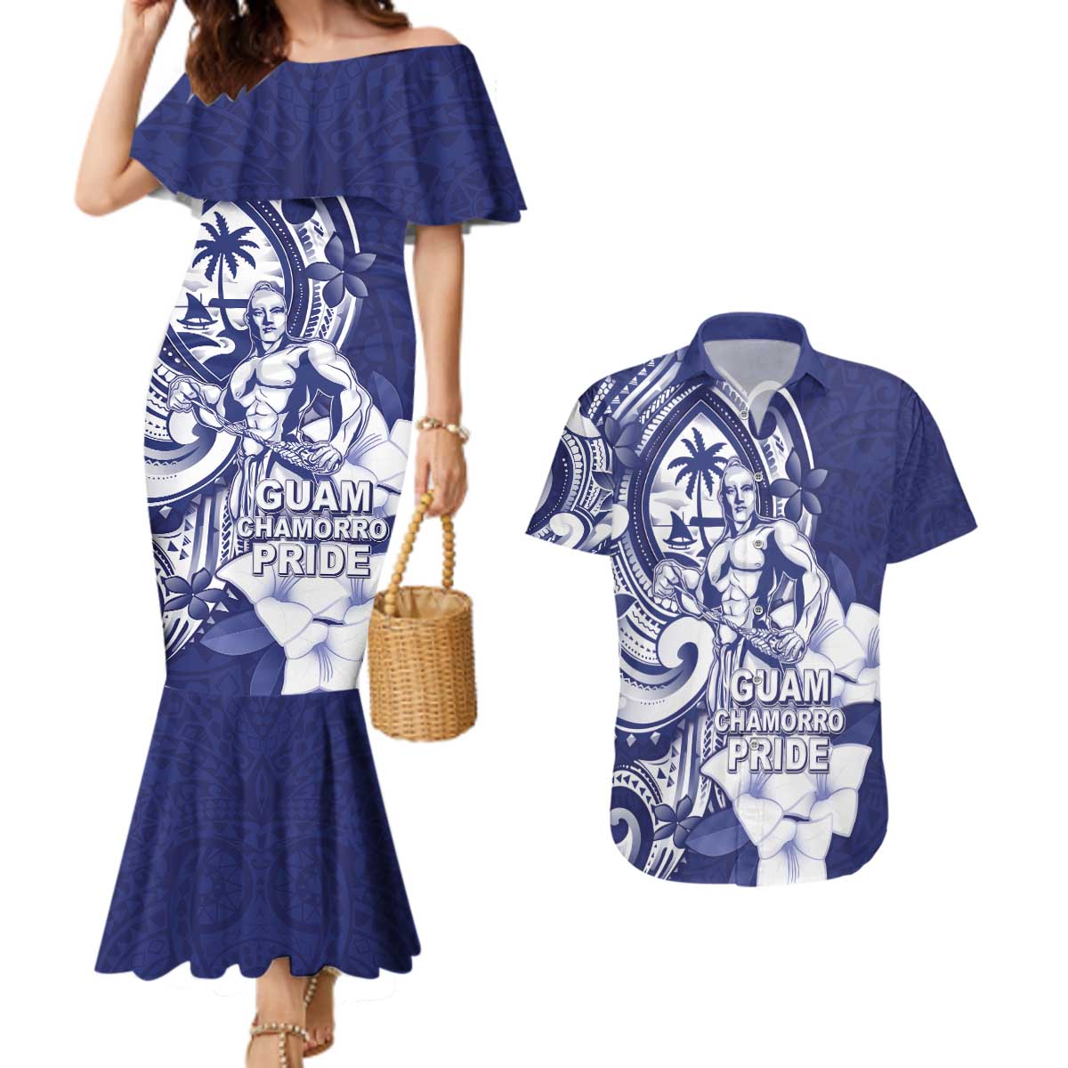 Guam Chief Quipuha Couples Matching Mermaid Dress and Hawaiian Shirt Polynesian Pattern With Guasali Flowers LT05 Navy - Polynesian Pride