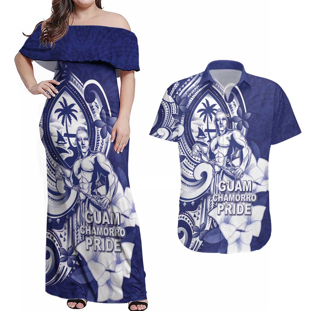 Guam Chief Quipuha Couples Matching Off Shoulder Maxi Dress and Hawaiian Shirt Polynesian Pattern With Guasali Flowers LT05 Navy - Polynesian Pride
